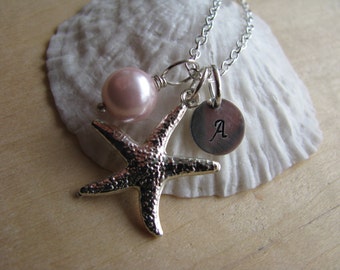 Pale Pink Bridesmaid Jewelry Personalized Hand Stamped Starfish Necklace Light Pink Pearl Jewelry Bridesmaid Necklace Starfish Monogram