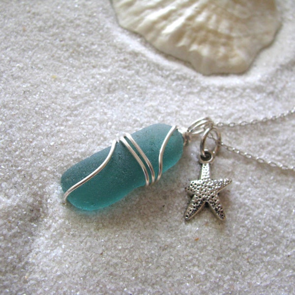 Teal Green Sea Glass with tiny Starfish Bridesmaid Necklace Beach Glass Jewelry Aqua Blue Sea Glass Jewelry
