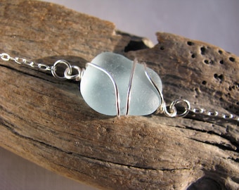 Pretty Blue Beach Glass Bracelet Real Sea Glass Bracelet Beach Wedding Jewelry Wire Wrapped Sea Glass