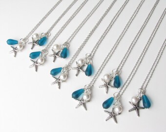 Teal Wedding Jewelry Teal Bridesmaid Necklaces Starfish Necklaces for a Beach Teal blue Wedding green Bridal jewelry Bridesmaid Gifts