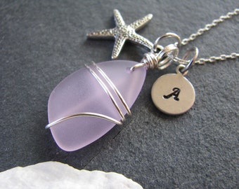 Purple Sea Glass Starfish Necklace Personalized Stamped Initial Lavender Beach Glass Jewelry Gifts Beach Wedding