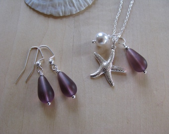 Purple Bridesmaid Necklaces and Earrings in Purple Sea Glass Plum Wedding Jewelry Starfish Necklaces