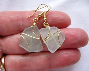 Real Sea Glass Earrings Gold Plated Seaglass Jewelry Blue Beach Glass Dangle Earrings