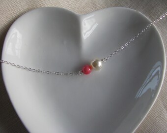 Collar de cuentas de coral con perla Swarovski estilo minimalista playero / Joyería costera delicada / Gargantilla moderna de cuentas pequeñas