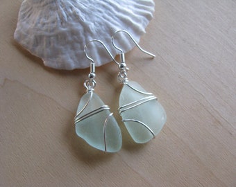 Genuine Sea Glass Earrings Natural Light Green Beach Glass Earrings Aqua Blue