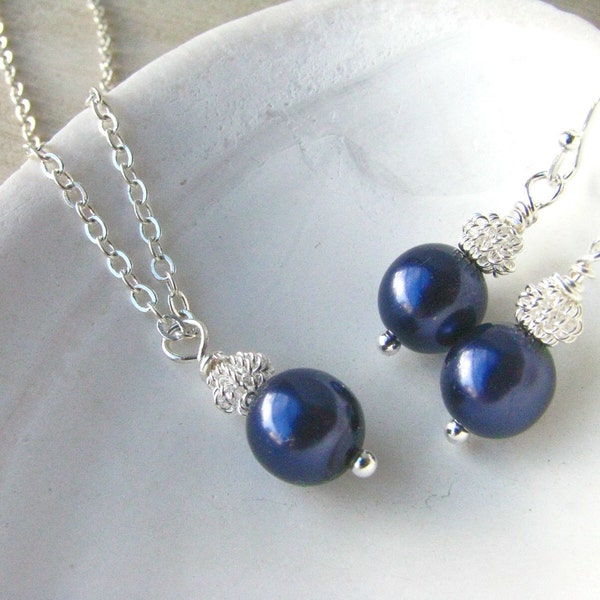 Bridesmaid Jewelry Navy Blue Pearl Bride or Bridesmaid Gift Sets Necklaces and Earrings for your Wedding Day