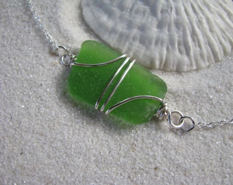 Kelly Green Seaglass Bracelet Real Beach Glass Jewelry Wire Wrapped Bracelet Natural Sea Glass Surf Tumbled Sea Glass Bracelet Green