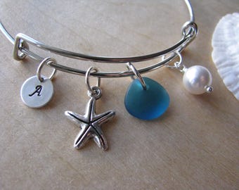 Adjustable bracelet teal green sea glass bridesmaid bracelet starfish charm personalized letter charm beach wedding bridesmaid gift blue