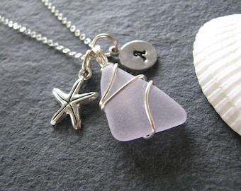 Soft Lavender Beach Glass Personalized with Letter Purple Sea Glass Jewelry Starfish Necklace