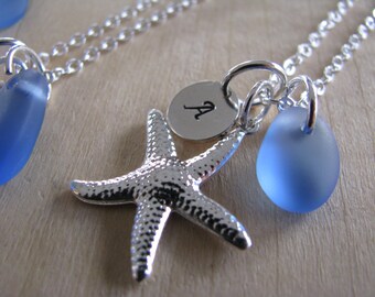 Cornflower Blue Personalized Starfish Necklace Light Blue Sea Glass Bridesmaid Necklace Beach Glass with Stamped Initial for Beach Wedding