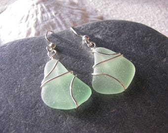Real Sea Glass Earrings Light Green Wire Wrapped Gift for Women Minimalist Style Natural Beach Glass in Seafoam Seaglass