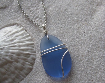 Cornflower Wire Wrapped Sea Glass Necklace Blue Man-Made Sea Glass Beach Glass Bridesmaid Jewelry for Beach Wedding