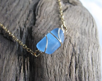 Gargantilla de cristal marino azul aciano, joyería minimalista de playa, cristal de playa genuino