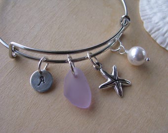Purple sea glass bracelet  adjustable purple bridesmaid bracelet starfish jewelry letter charm beach wedding personalized bridesmaid gift