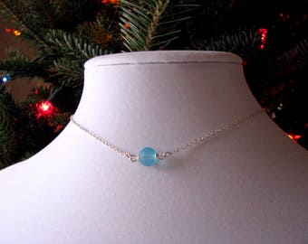 Single Pearl Necklace with Aqua Blue Sea Glass Single Pearl Choker Necklace Simple Beach Glass Jewelry Frosted Glass