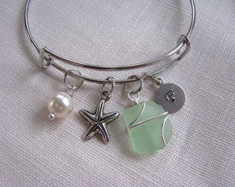 Sea Glass Charm Bangle with Starfish Sea Foam Green Personalized Hand Stamped Letter Beach Jewelry