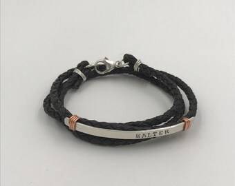 Now Available in Typewriter Font! Men's Personalized Triple Band Silver Braided Leather Bracelet w/ Sterling Silver Wire | Secret Message |