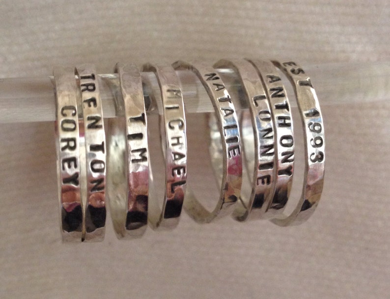 2mm Hammered Sterling Silver Personalized Ring Band Mom Rings Custom Eco Friendly Recycled Silver. Mothers Day Gift Family Rings