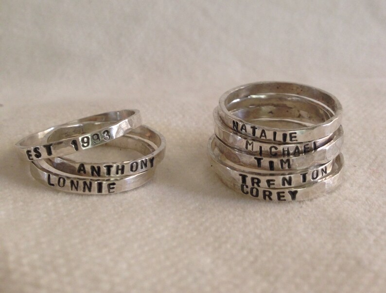 2mm Hammered Sterling Silver Personalized Ring Band Mom Rings Custom Eco Friendly Recycled Silver. Mothers Day Gift Family Rings