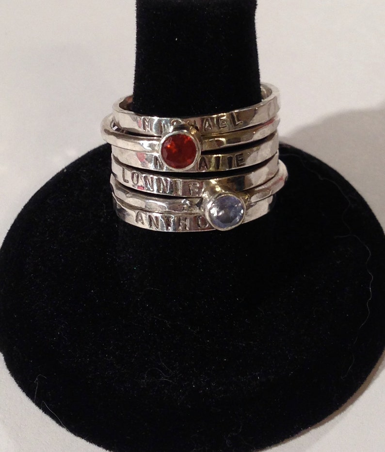 2mm Hammered Sterling Silver Personalized Ring Band Mom Rings Custom Eco Friendly Recycled Silver. Mothers Day Gift Family Rings