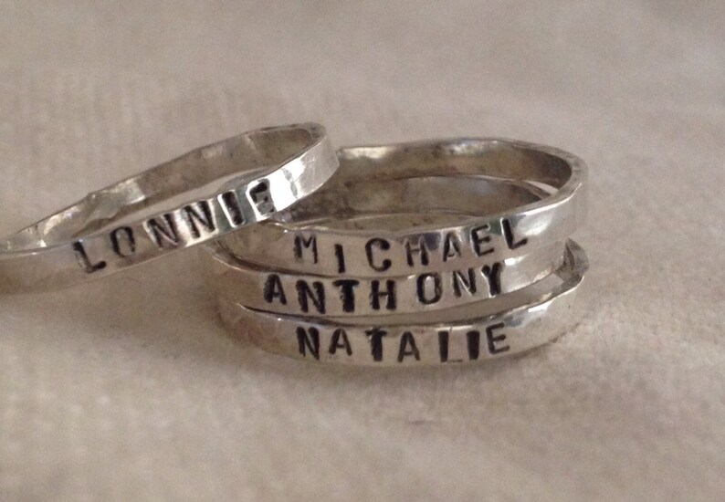2mm Hammered Sterling Silver Personalized Ring Band Mom Rings Custom Eco Friendly Recycled Silver. Mothers Day Gift Family Rings