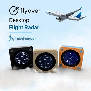 May include: Three square desktop flight radar devices in black, beige, and orange, each featuring a circular screen displaying flight data. The text reads flyover Desktop Flight Radar and Touchscreen, accompanied by a graphic of an airplane.