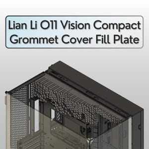 Può includere: Un case per computer con un pannello laterale trasparente e una parte superiore nera. Il testo "Lian Li O11 Vision Compact Grommet Cover Fill Plate" è visualizzato in alto. Il case ha un motivo a nido d'ape all'interno.