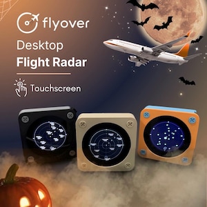 May include: Three square desktop flight radar devices with circular screens displaying flight data. The devices are black, beige, and orange, each featuring four corner screws. Text reads: flyover Desktop Flight Radar Touchscreen.