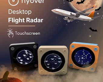 May include: Three square desktop flight radar devices with circular screens displaying flight data. The devices are black, beige, and orange, each featuring four corner screws. Text reads: flyover Desktop Flight Radar Touchscreen.