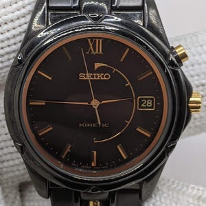 Vintage Seiko Kinetic Automatic Watch Black Gold Two-Tone - 5M62-0C80 - Self-Charging Technology