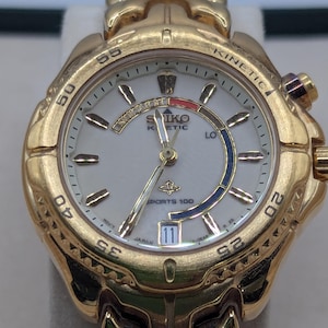 Vintage Seiko Kinetic Sports 100 Gold Watch | 1990s Luxury Japanese Timepiece | Complete Set Box Papers