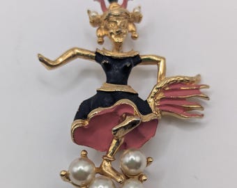 Vintage Jester Brooch: 1950s Harlequin Pin, Black Enamel & Faux Pearl
