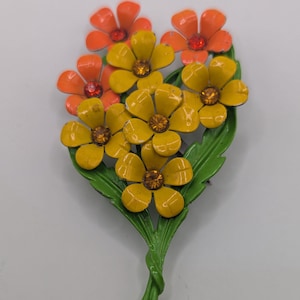 Vintage 1960s Flower Power Brooch, Yellow Orange Enamel Floral Pin, Mid Century Mod Jewelry, Spring Garden Bouquet