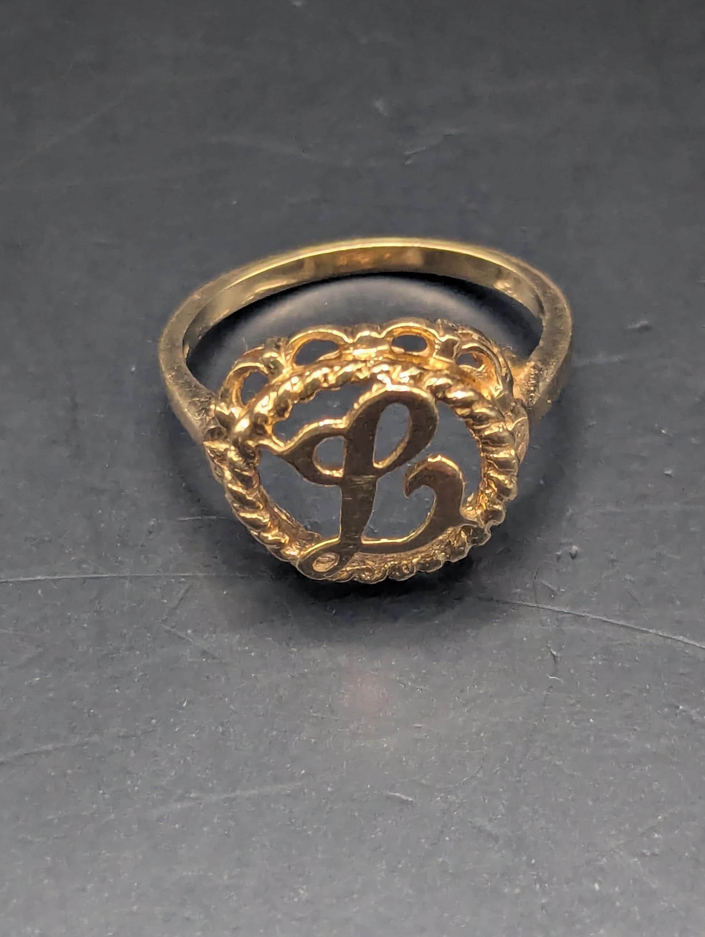 Vintage 1960s 14k Gold Script Letter L Ring, Rope Border, Size
