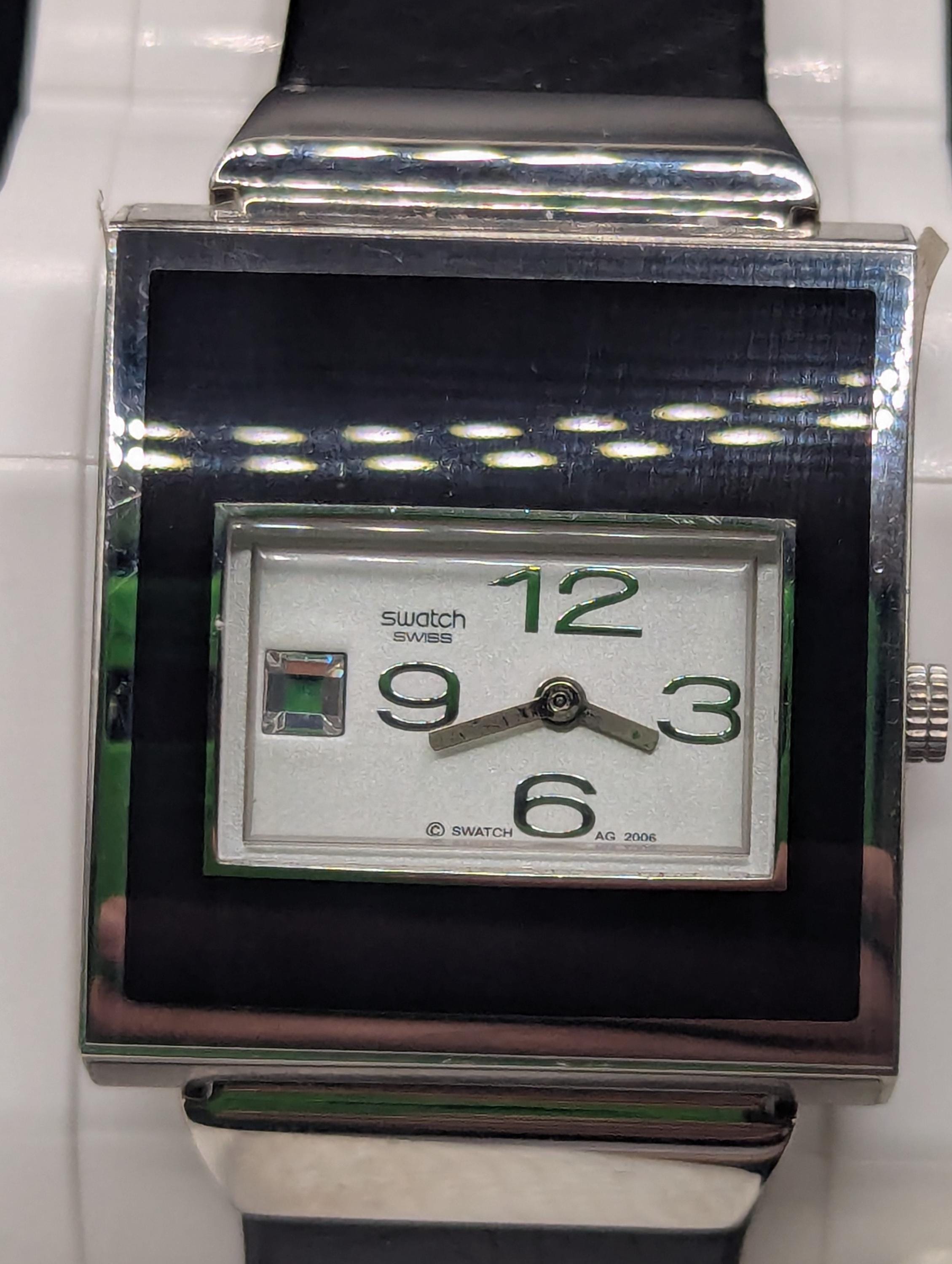 Vintage Swatch Swiss Square Floral Bracelet Watch Black Silver Women\'s Quartz Swatch Plastic Band Square Wristwatches for sale | eBay main image 2