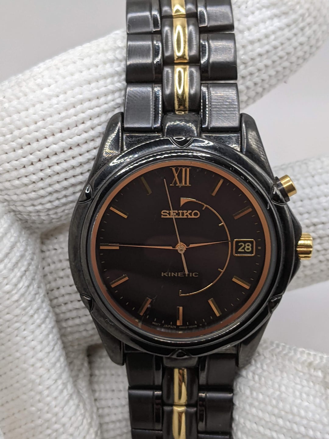 Vintage Seiko Kinetic Automatic Watch Black Gold Two-tone - 5M62
