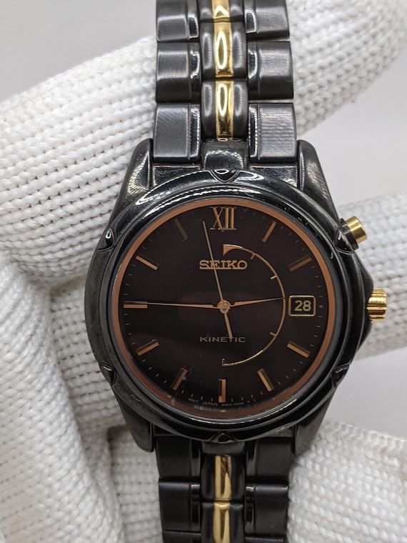 Vintage Seiko Kinetic Automatic Watch Black Gold Two-tone - 5M62