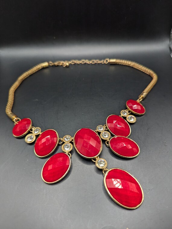 1960s Red Lucite Bib Necklace, Rhinestone Goldton… - image 1