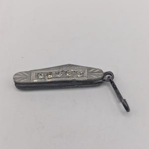 Victorian Paste Stone Knife Pendant, Antique Decorative Pocket Knife Charm, 1890s Fan Motif Rhinestone Jewelry - Watch Chain Charm