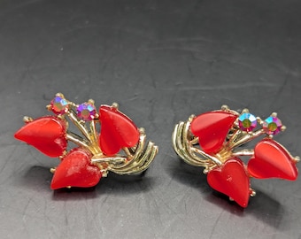 1950s Red Heart Clip-On Earrings: Aurora Borealis Rhinestones, Mid Century Valentine's Jewelry