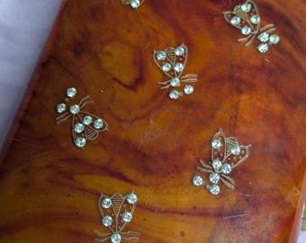 Bolso ILENE de Lucite, años 50, estilo caja de carey con mariposas de diamantes de imitación, estilo glamuroso de Hollywood de mediados de siglo.