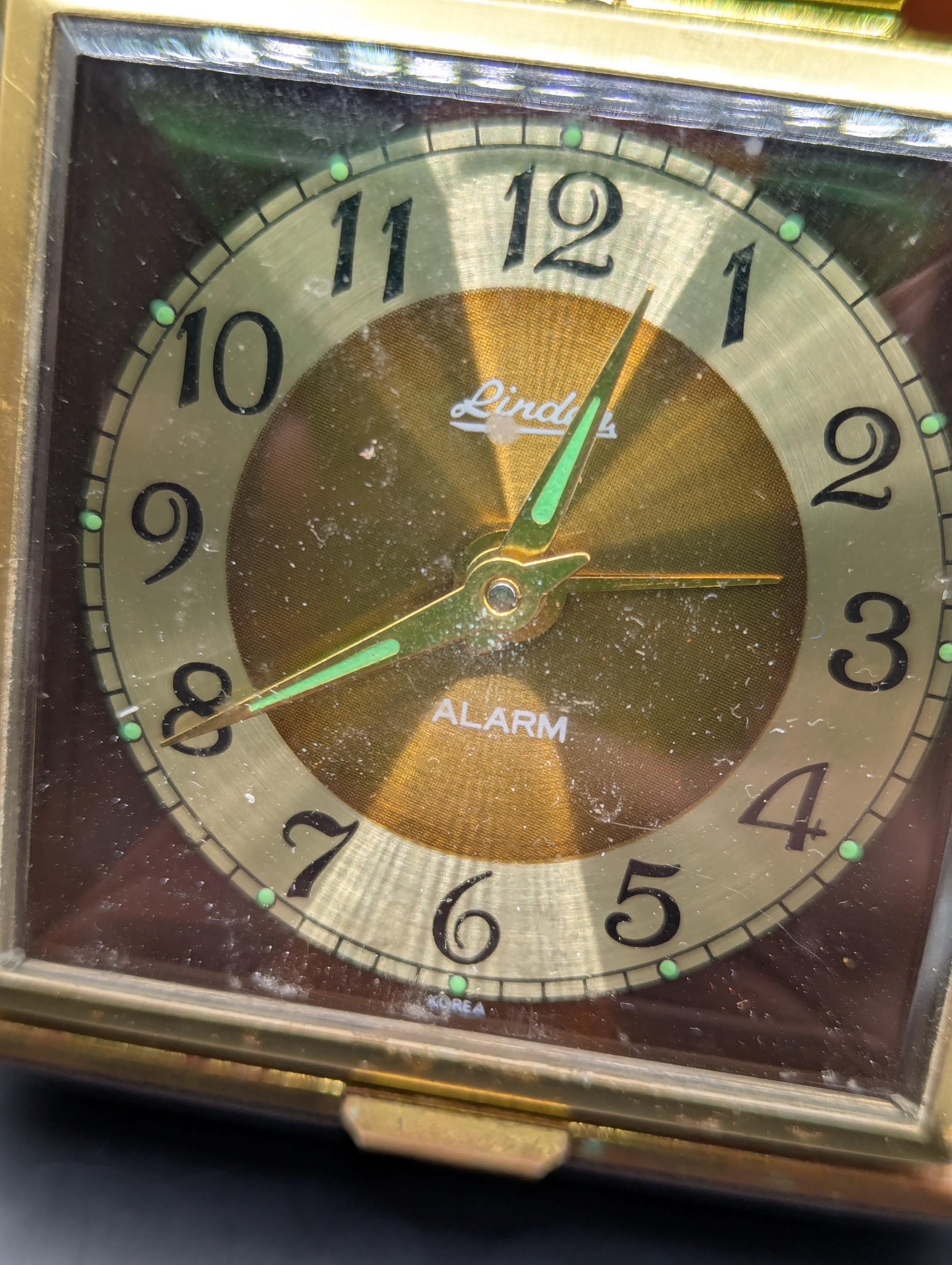 Vintage Linden Travel Alarm Clock: Brown Leather Case, Mechanical