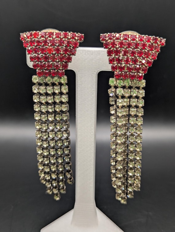 1950s Rhinestone Waterfall Clip Earrings: Ruby Re… - image 1