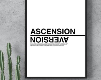 Ascensione e avversione / Arte murale tipografica minimalista / Poster moderno con citazione motivazionale / Decorazione stampabile in bianco e nero