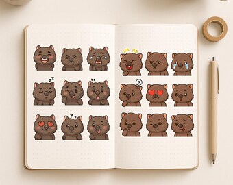 Adesivi digitali Wombat Chibi / 45 adesivi per planner disegnati a mano in formato PNG + fogli A4 / Adesivi stampabili con animali kawaii australiani