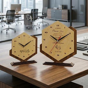 Personalized Hexagon Wooden Desk Clock, Engraved Custom Clock Gift for Mom Dad, Mother’s Day Father’s Day Gift