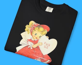 Retro Kitsch Political Tee: 1950s Girl Graphic, Comfort Colors Abolish ICE