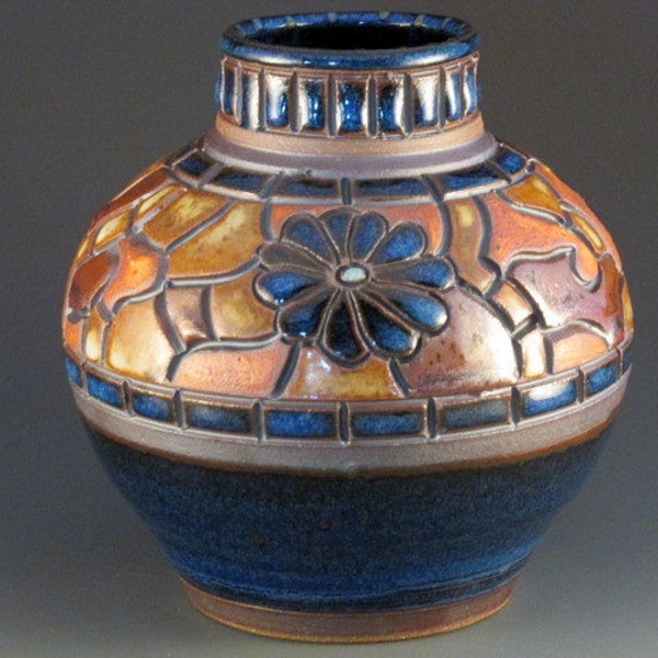 Vase With Mosaic Design, Flowers, Blue Glaze, Colored Tiles,Slip On Rim, Ready To Ship