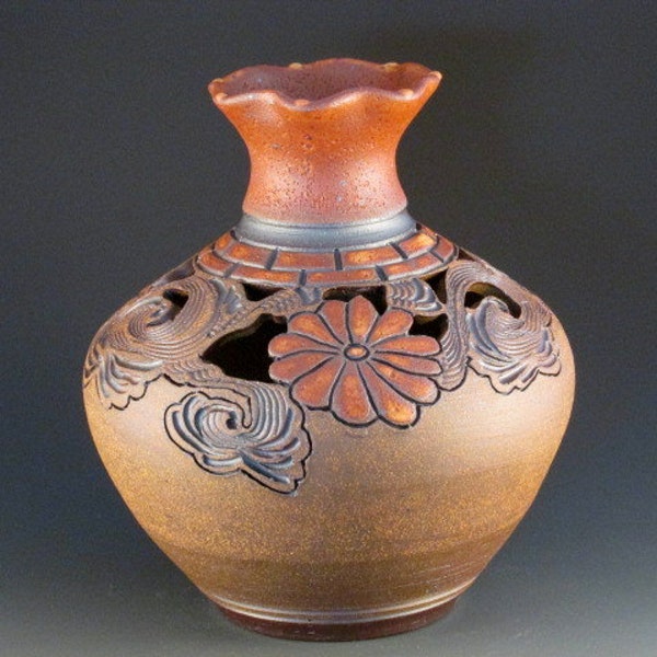 Bud Vase With Orange Glaze, Cutouts, Flowers, Colored Tiles, Ready To Ship