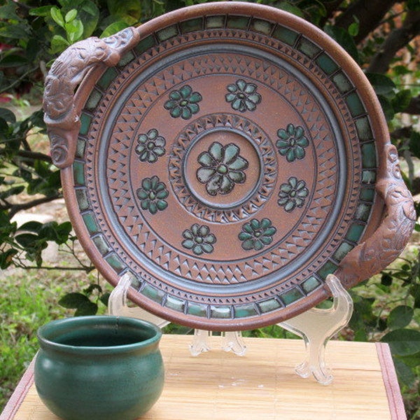 Chip And Dip Plate With Carved Flowers In Center, Teal Green, Dark Green, Decorative Handles, Textured, Ready To Ship